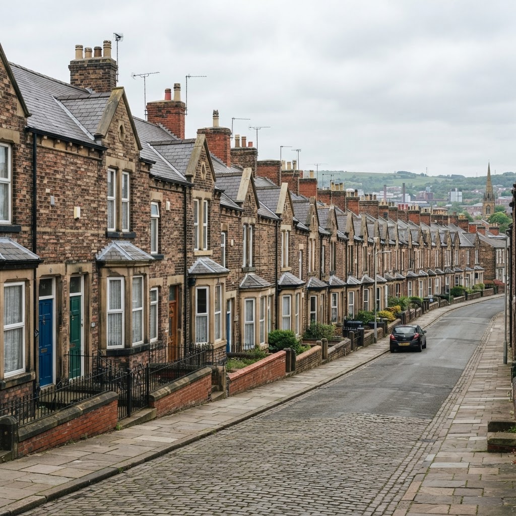 Barnsley rows of Victorian and Edwardian brick-built terraced housing with pitched slate roofs and chimney stacks, former mining and market town streetscape