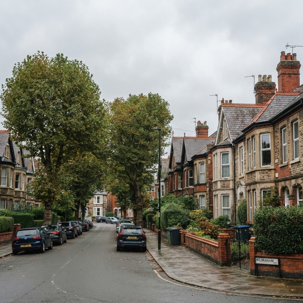Didsbury and Chorlton-cum-Hardy mix of Victorian and Edwardian bay-fronted terraces and villas with pitched slate and tiled roofs and chimney stacks, leafy suburban streetscape