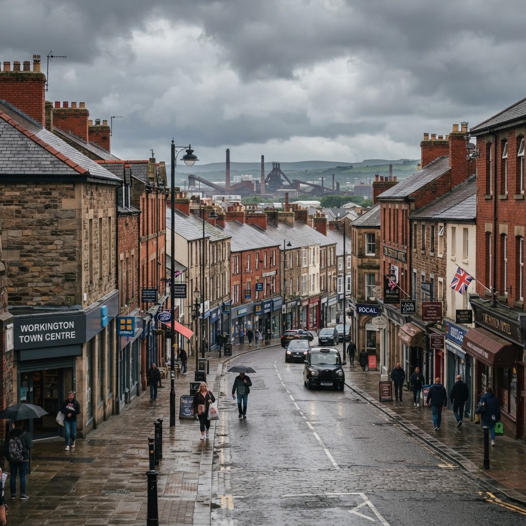 Workington town centre with red brick and stone buildings and terraced slate roofs
