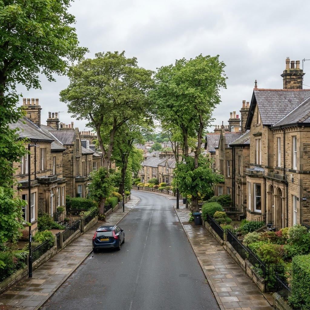 Harrogate elegant Victorian spa town villas and terraces with pitched slate roofs and chimney stacks, tree-lined streets