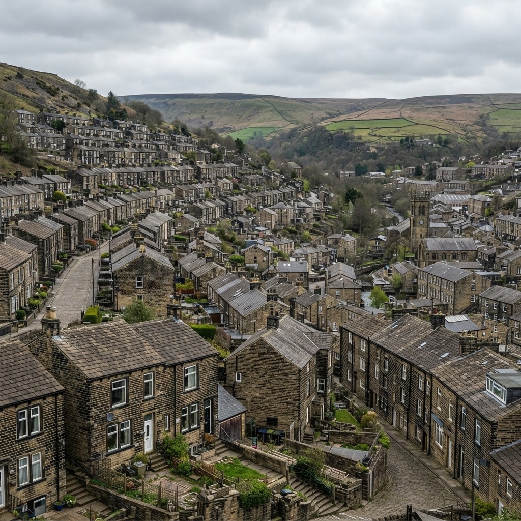 Holmfirth area of the Holme Valley with traditional stone-built weavers' cottages and terraced housing with slate roofs on steep valley sides