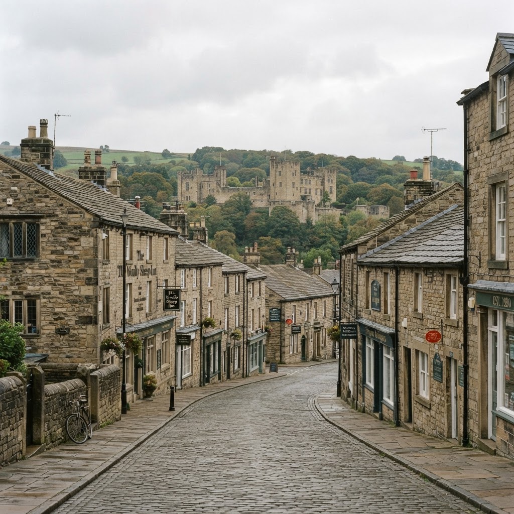 Skipton traditional stone-built market town housing with pitched slate roofs and chimney stacks, Yorkshire Dales streetscape with castle hillside backdrop