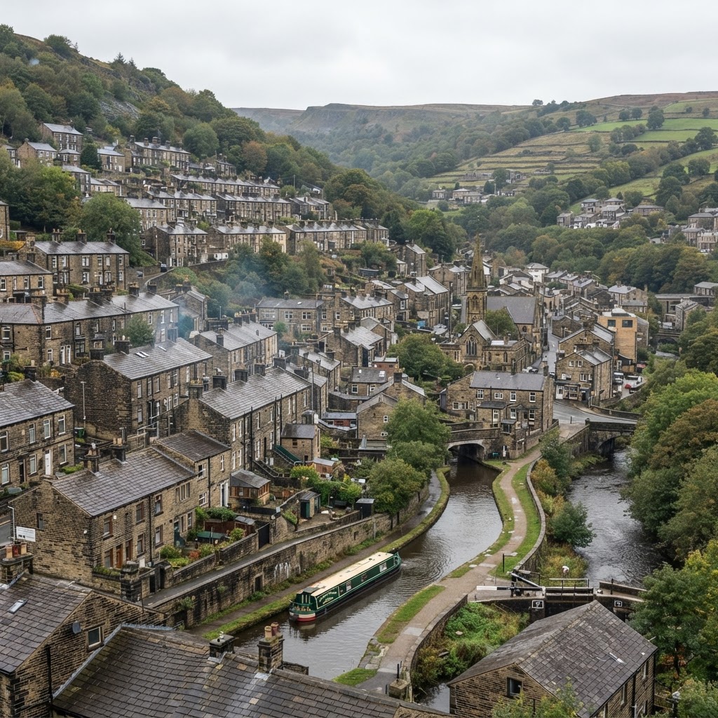 Hebden Bridge traditional stone-built Pennine terraced housing on steep valley sides with pitched slate roofs and chimney stacks, canal and river valley streetscape