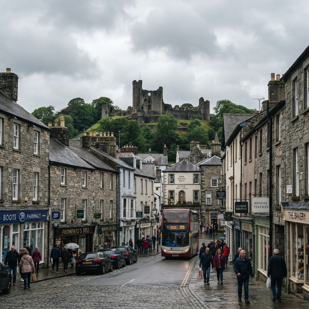 Kendal town centre with grey limestone buildings, slate roofs and Kendal Castle on the hill