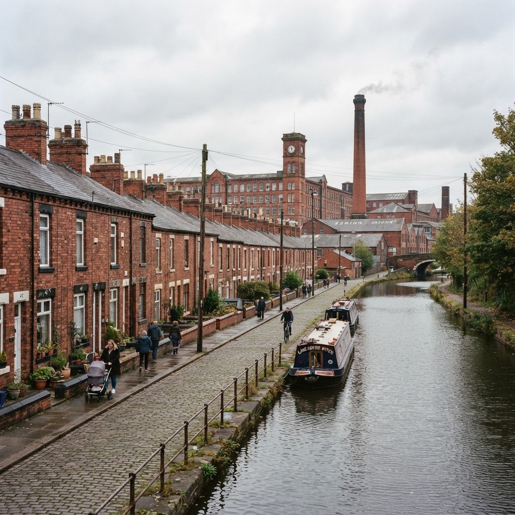 Droylsden, Greater Manchester, a former mill town showing rows of red-brick Victorian terraced housing with slate roofs and tall chimney stacks, the Ashton Canal running through, industrial heritage buildings visible in the background