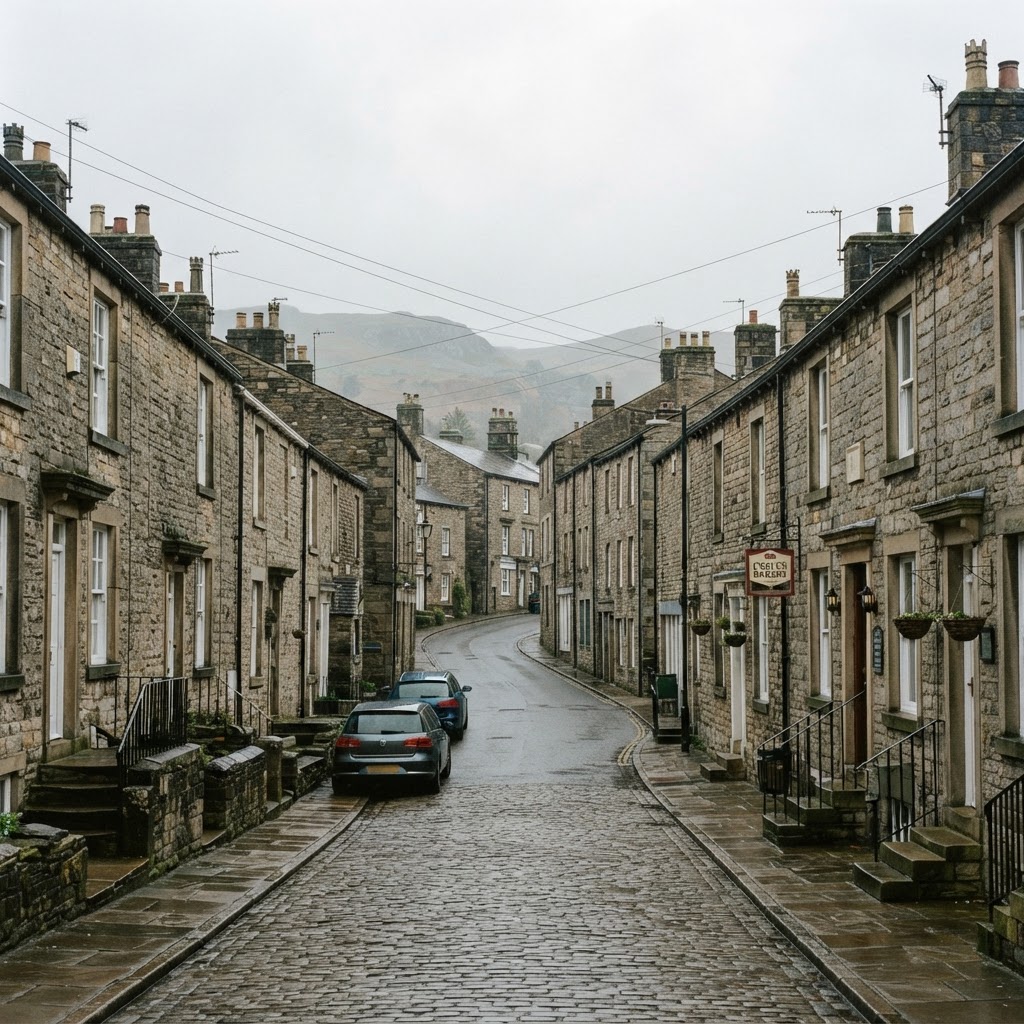 Settle and Gargrave traditional stone-built Dales cottages and terraced housing with pitched slate roofs and chimney stacks, limestone country town streetscape
