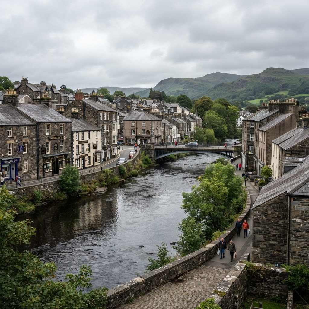 Cockermouth town with historic stone buildings, slate roofs and the River Cocker