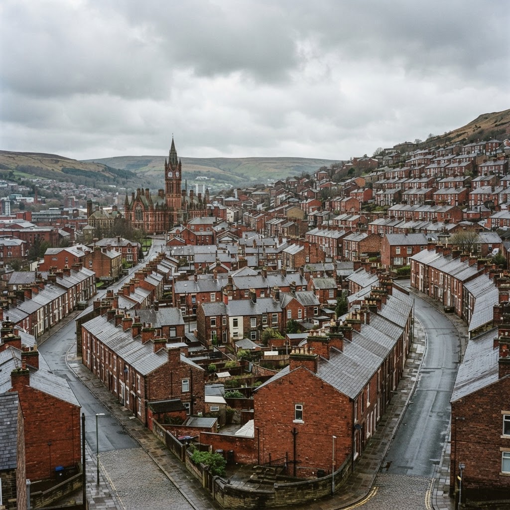 Rochdale, Greater Manchester, a Pennine mill town with dense red-brick Victorian terraced housing built into steep hillsides, pitched slate roofs and tall chimney stacks