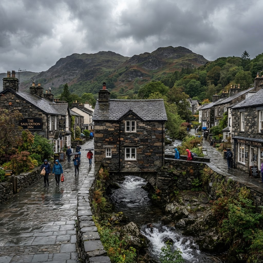 Ambleside village with stone-built slate-roofed cottages and fells in the background