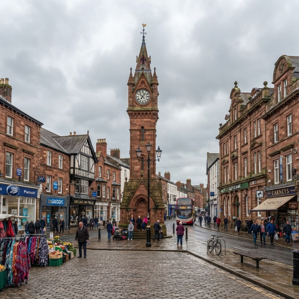 Penrith town centre with red sandstone buildings and Musgrave Monument