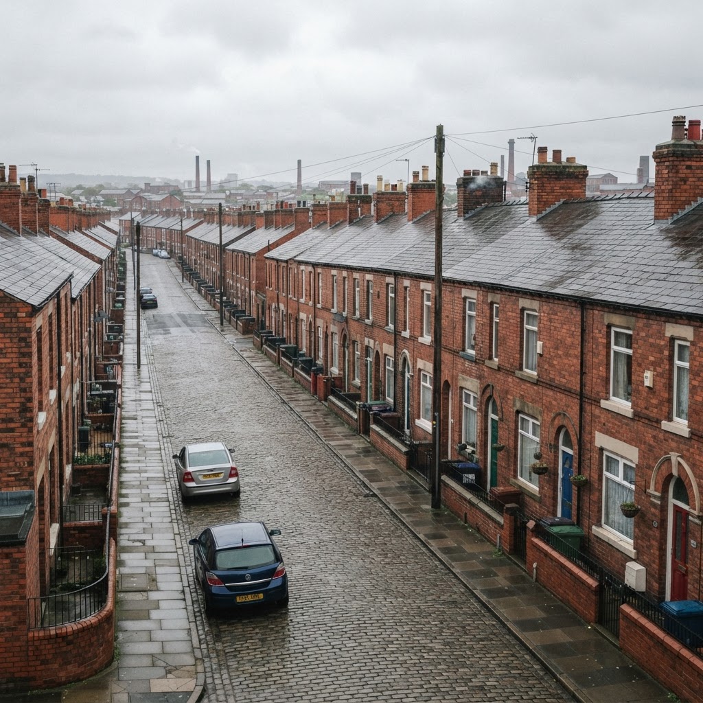 Manchester traditional red-brick Victorian and Edwardian terraced housing with pitched slate roofs and chimney stacks, industrial city streetscape