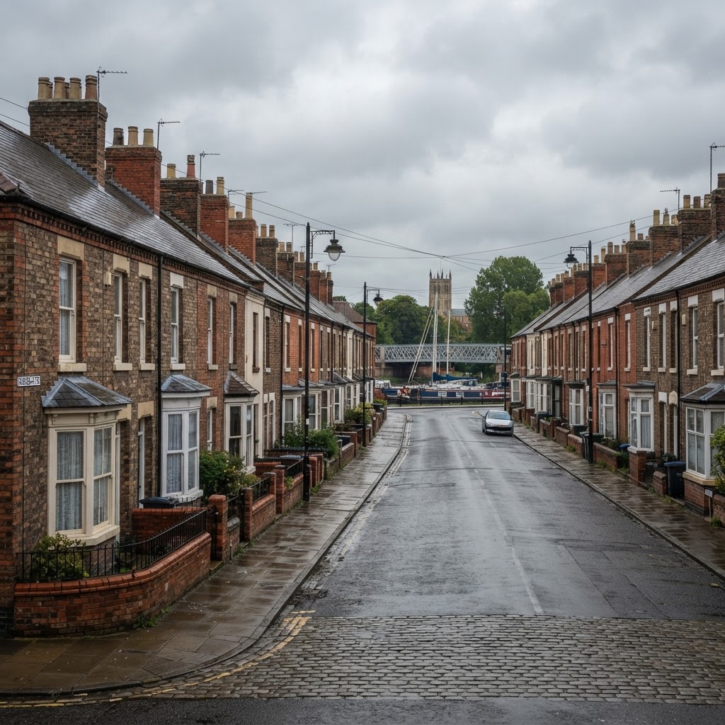 Selby rows of Victorian and Edwardian brick-built terraced housing with pitched slate roofs and chimney stacks, market town streetscape near the River Ouse