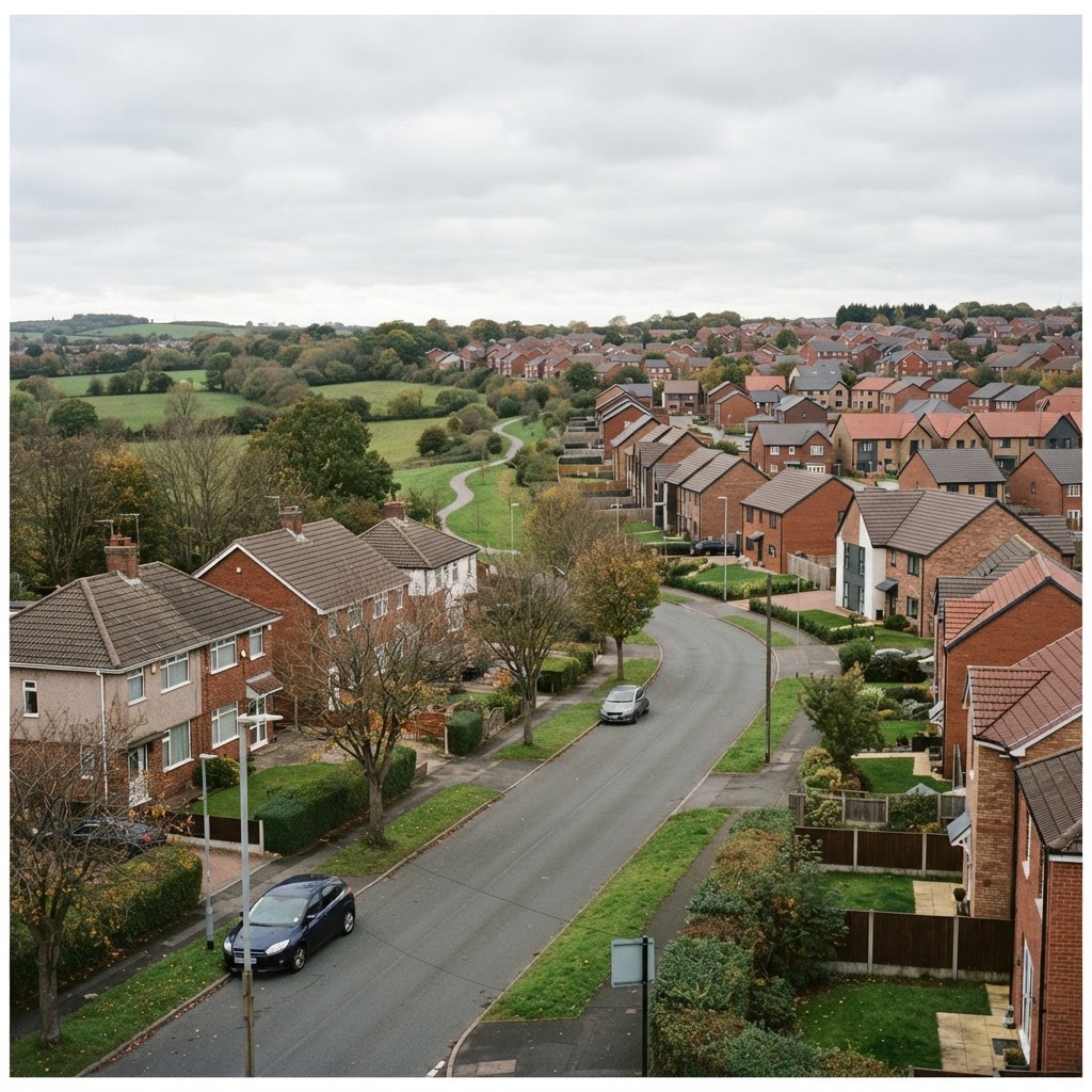 Knowsley, Merseyside, suburban housing with a mix of post-war semis and modern estates with pitched interlocking concrete tile roofs, parkland and suburban streets