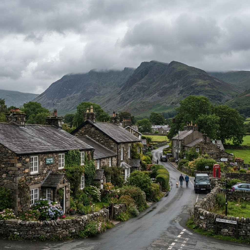 Threlkeld village with stone-built lakeland cottages and slate roofs, fell backdrop
