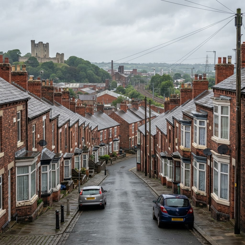Mexborough and Conisbrough rows of Victorian and Edwardian brick-built terraced housing with pitched slate roofs and chimney stacks, former mining town streetscape near the River Don