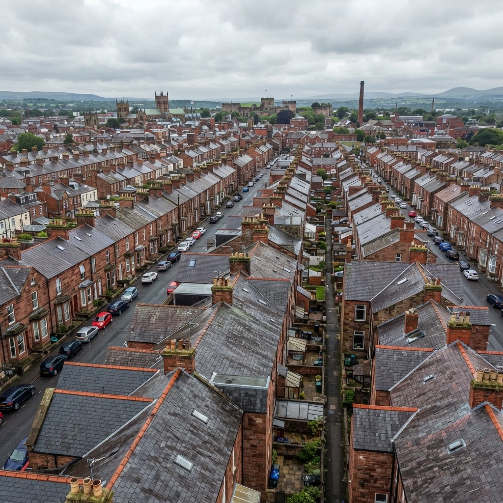 Terraced house rooftops with slate and tile roofs in Carlisle