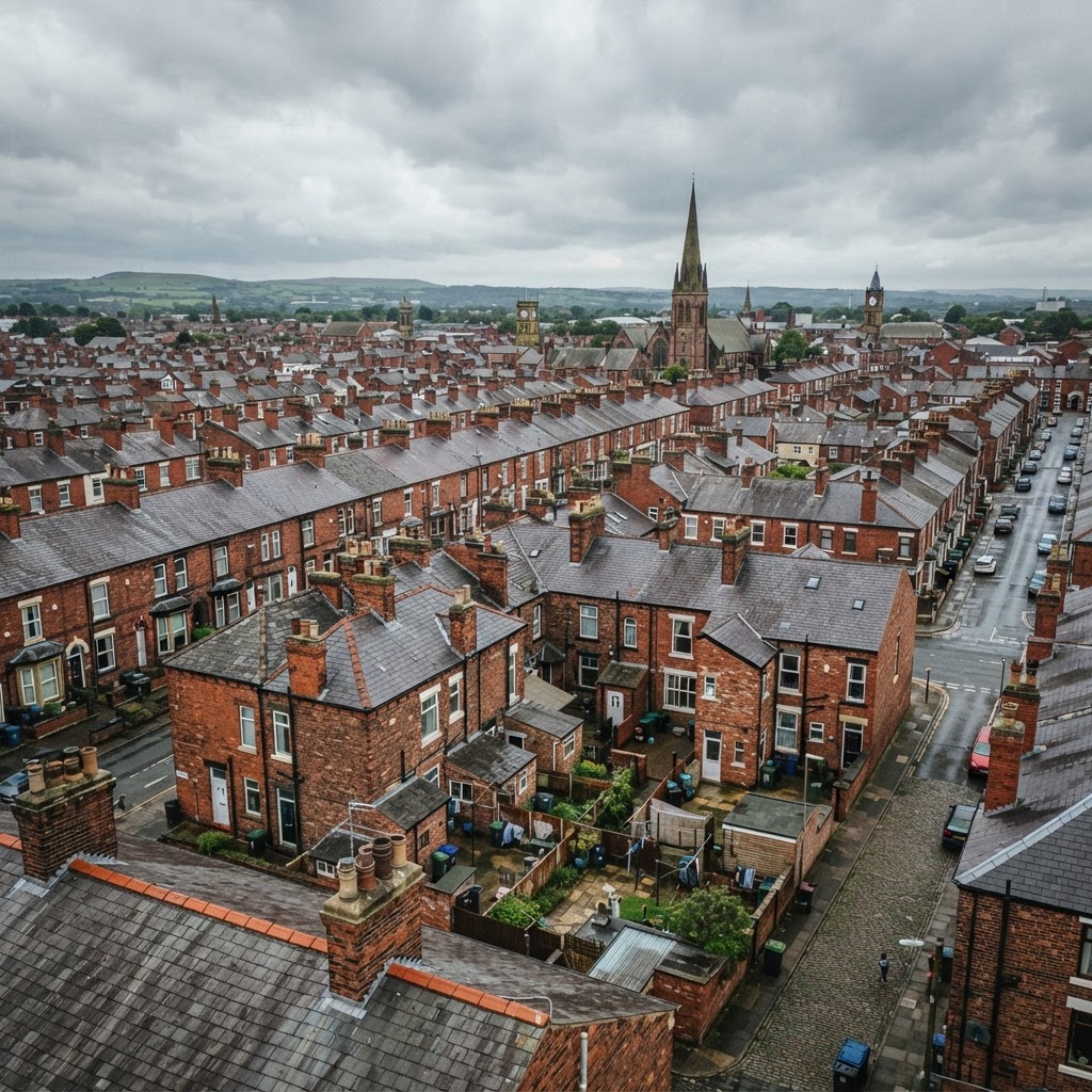 Redbrick Victorian terraced housing rooftops in Ormskirk