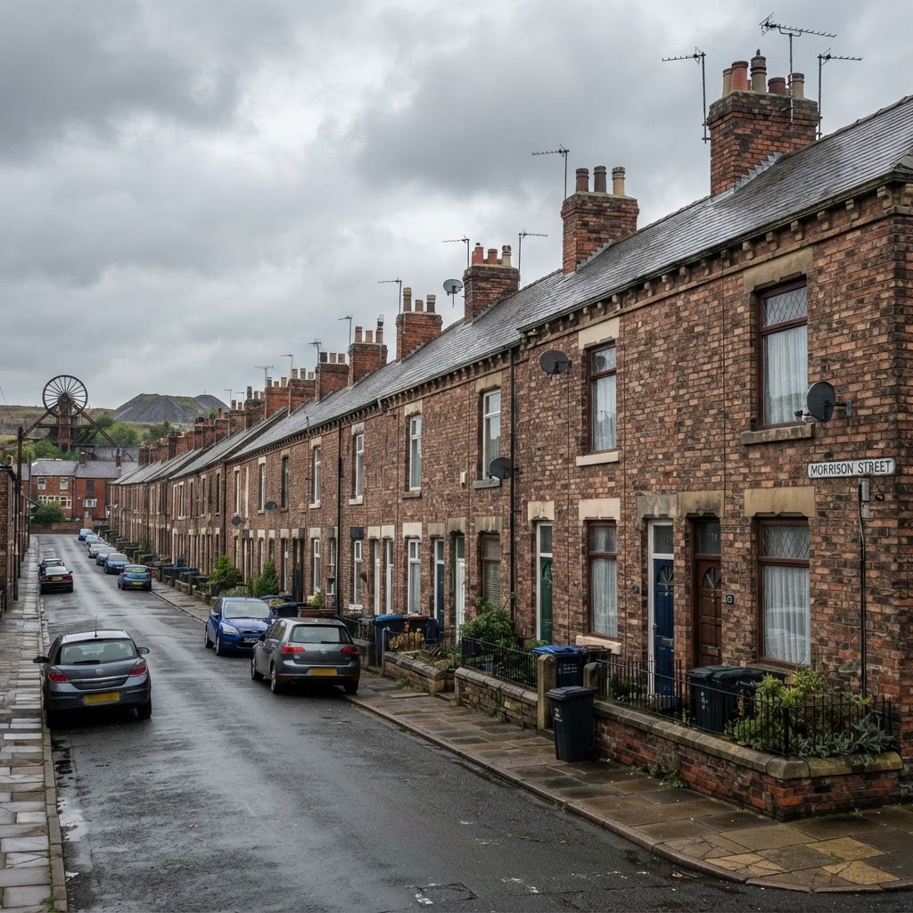 Maltby, Thurcroft and Dinnington rows of Victorian and Edwardian brick-built former mining village terraces with pitched slate roofs and chimney stacks, South Yorkshire streetscape