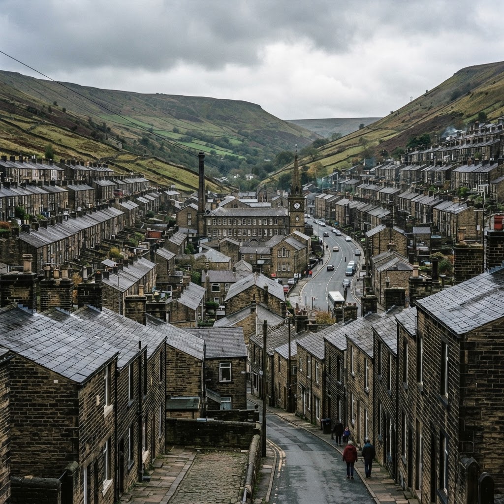 Bacup, Lancashire, a Rossendale mill town in a steep Pennine valley showing rows of stone-built Victorian terraced housing with slate roofs and tall chimney stacks, the hills rising steeply on both sides, exposed upland Pennine setting