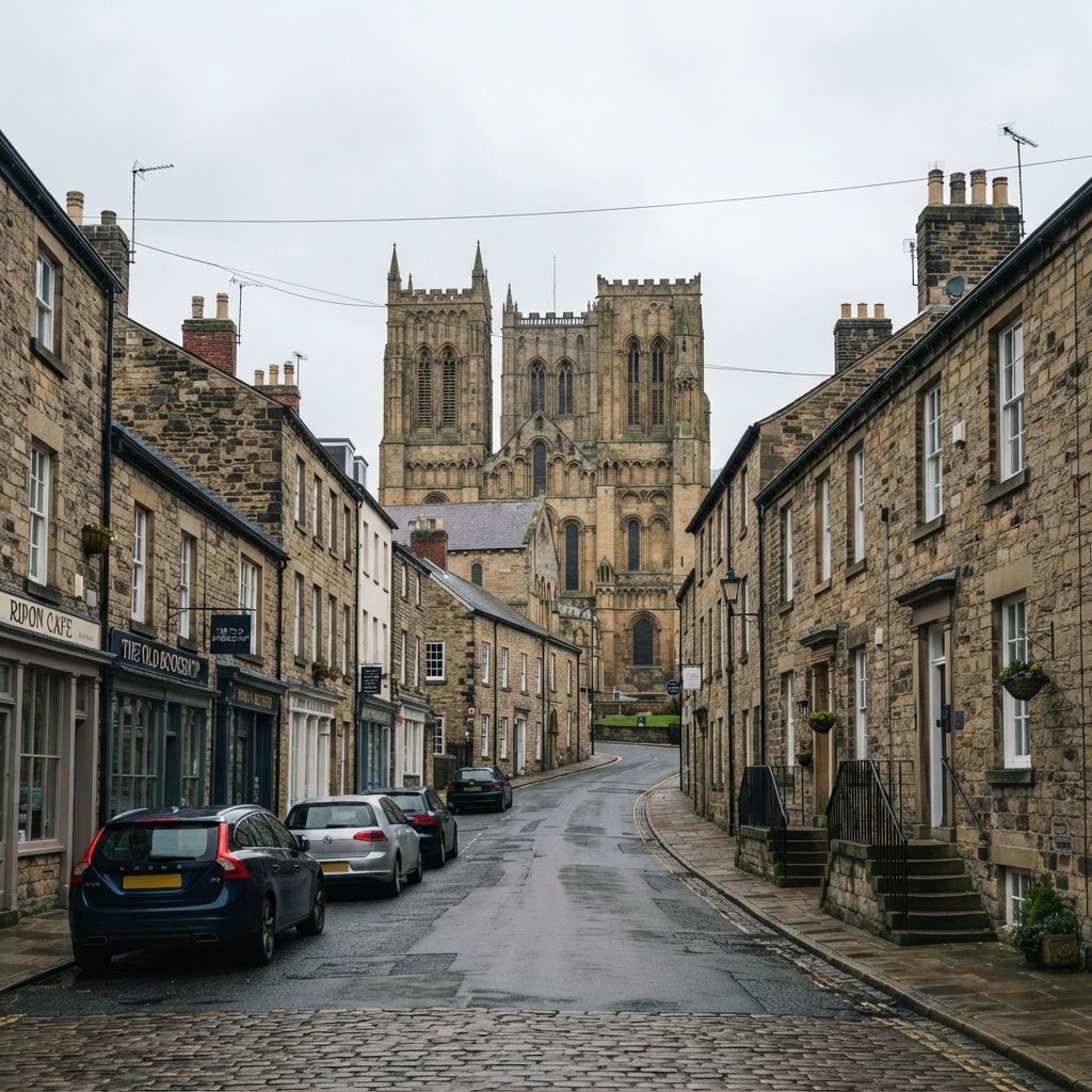 Knaresborough and Ripon mix of traditional stone-built townhouses and terraced housing with slate roofs, Ripon cathedral town setting