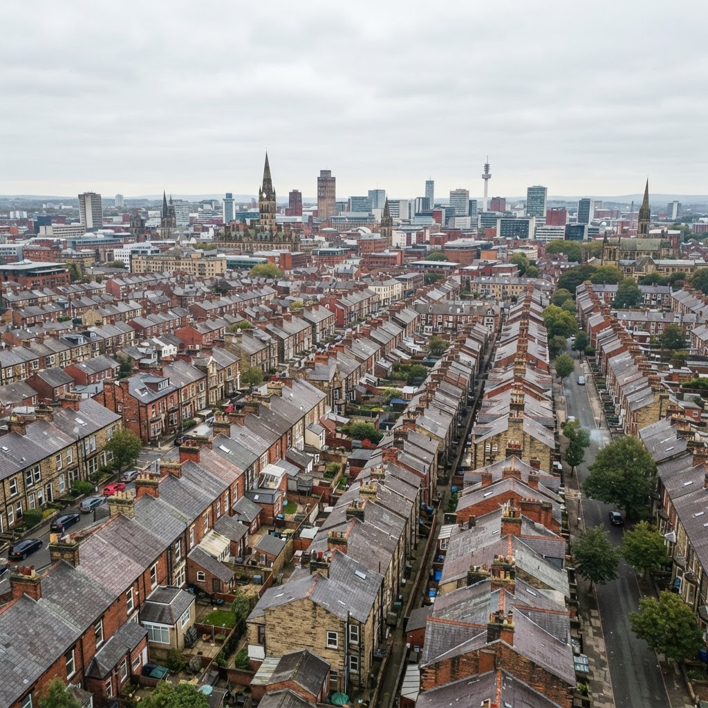 Leeds city centre with rows of Victorian red-brick and stone terraced housing with pitched slate and clay tile roofs