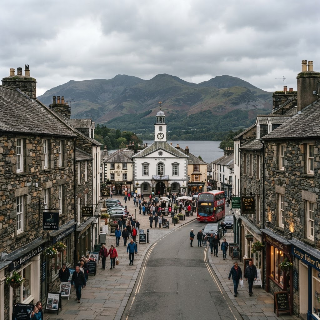 Keswick town centre with traditional stone-built buildings and slate roofs, lake and fells in the background