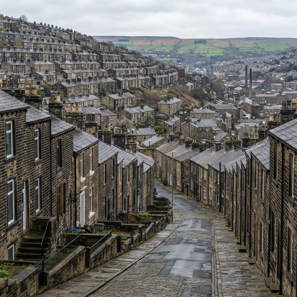 Halifax steep terraced streets of Victorian stone-built housing on a hillside with pitched slate roofs and chimney stacks, Pennine mill town streetscape