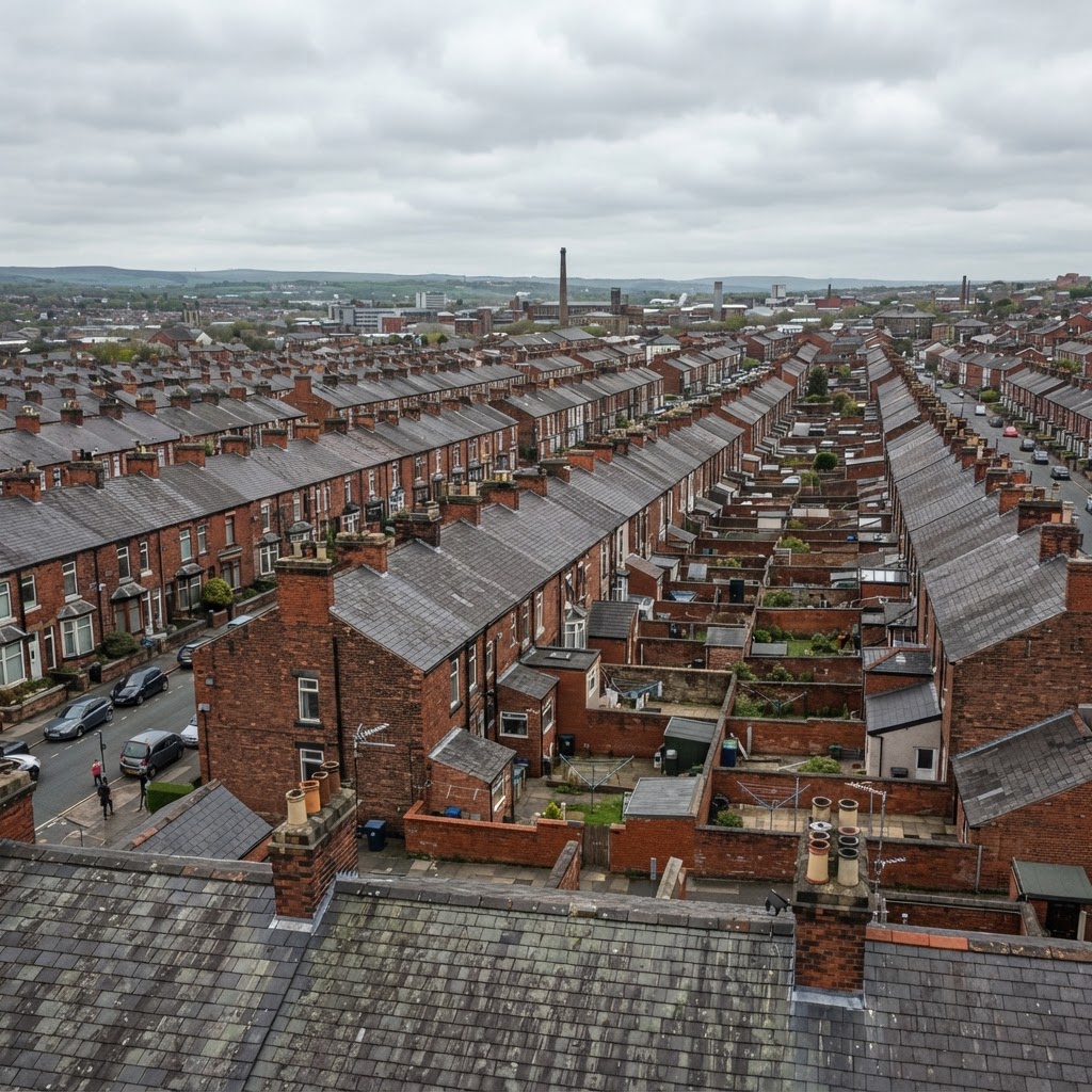 Redbrick Victorian terraced housing rooftops in Blackburn