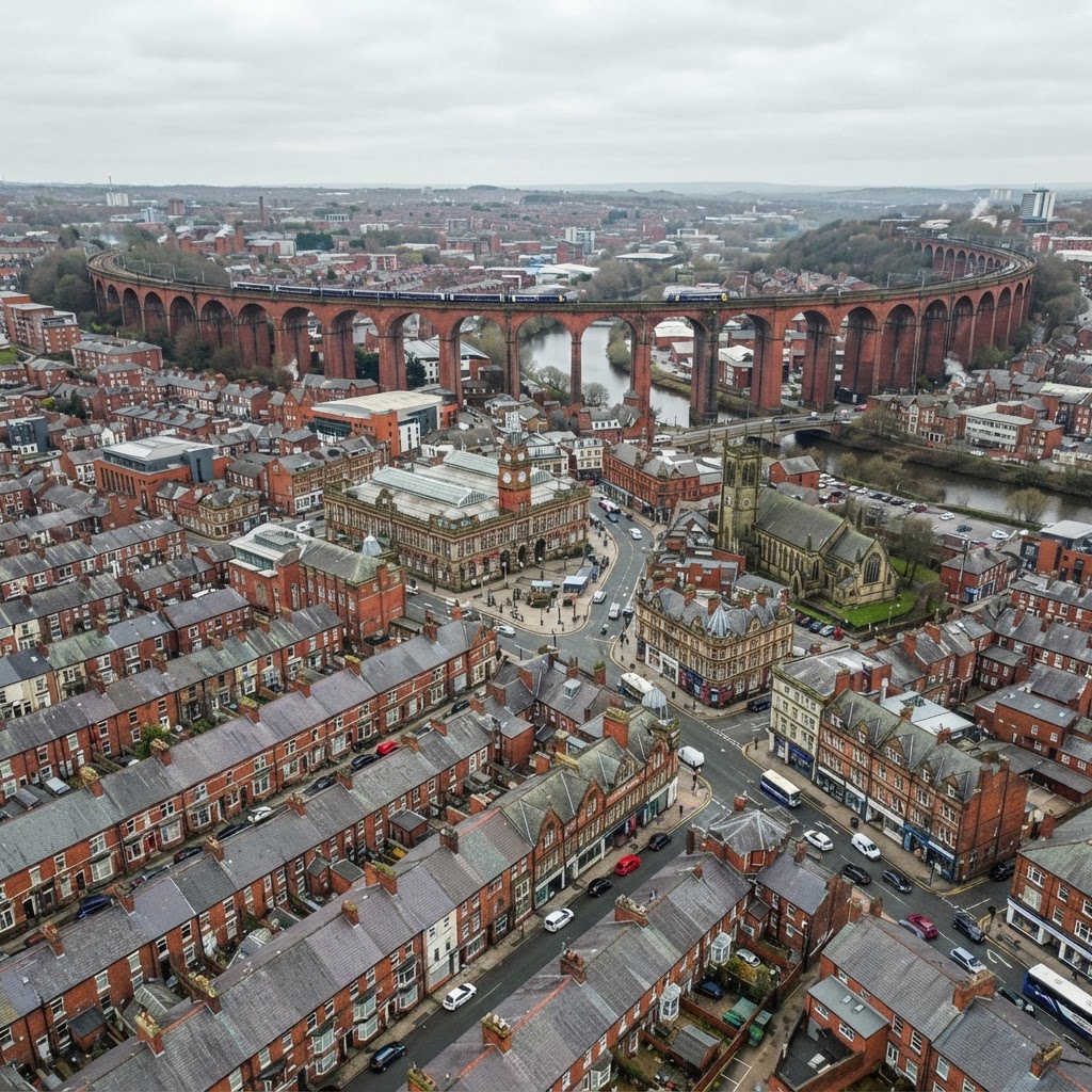 Stockport town centre with the historic red-brick Victorian buildings and brick railway viaduct, rows of terraced housing with pitched slate and clay tile roofs and chimney stacks