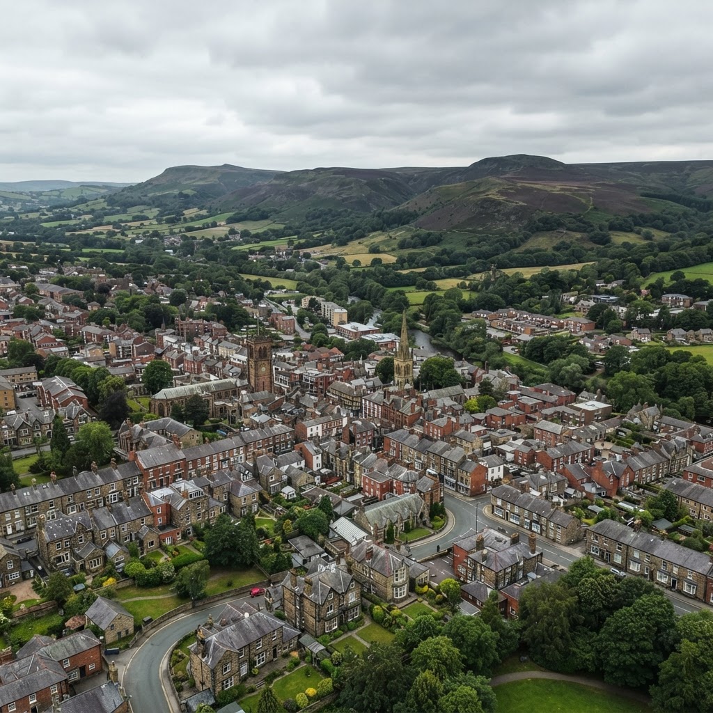 Congleton, Cheshire, a market town at the edge of the Pennines showing a mix of stone-built and red-brick Victorian terraces and villas with slate and clay tiled roofs and chimney stacks, the Pennine hills rising behind the town