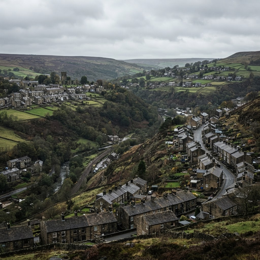 Heptonstall, Cragg Vale, Blackshaw Head and Midgley traditional stone-built hilltop village and Pennine hillside cottages and terraced housing with pitched slate roofs and chimney stacks, exposed upland valley streetscape