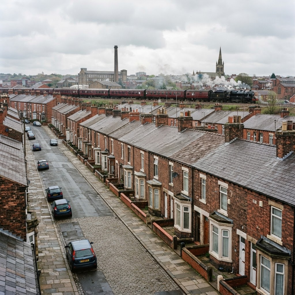 Bury, Greater Manchester, a former mill and market town with rows of red-brick Victorian and Edwardian terraced housing with pitched slate and clay tile roofs and chimney stacks