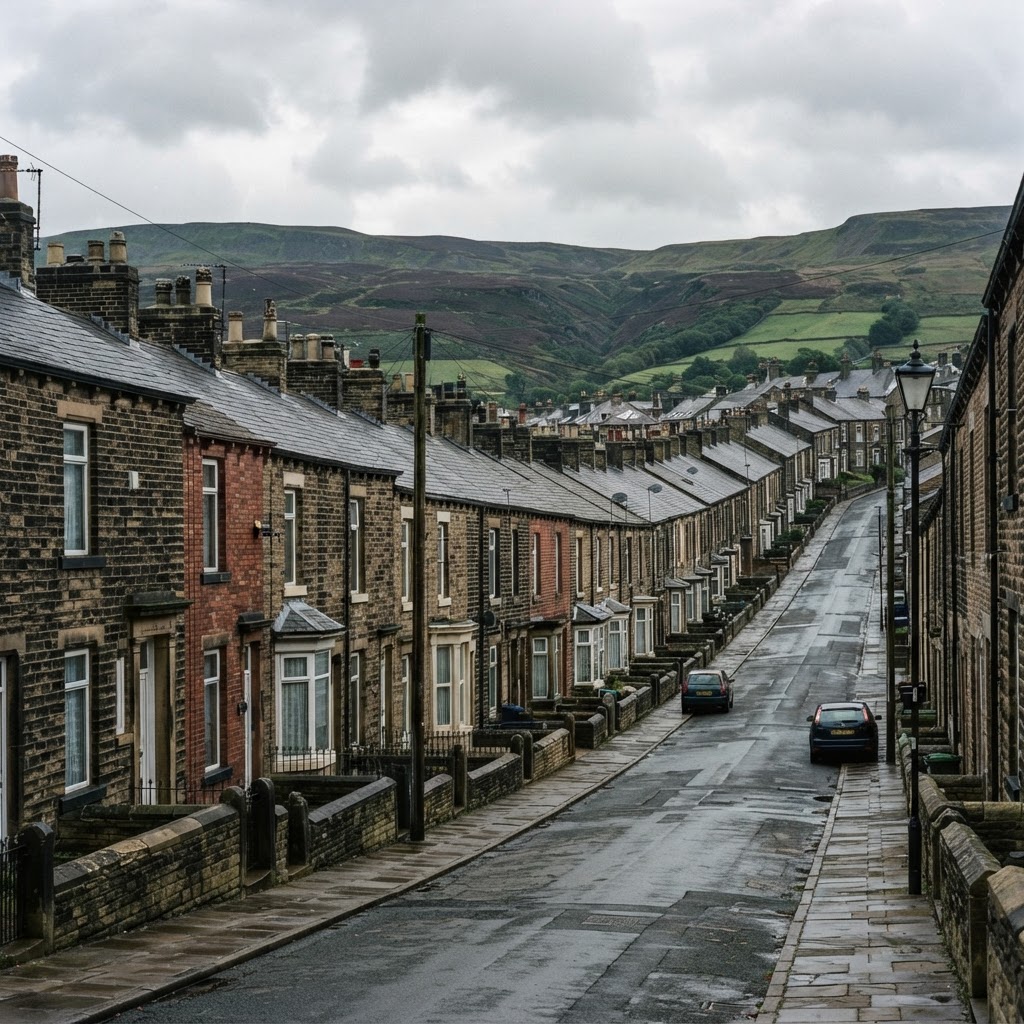 Accrington, Lancashire β rows of stone and red-brick Pennine mill-town terraced housing with slate roofs and chimney stacks, hills behind the town