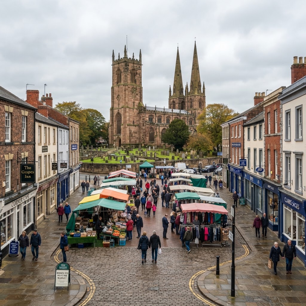 Ormskirk town centre, market square and parish church