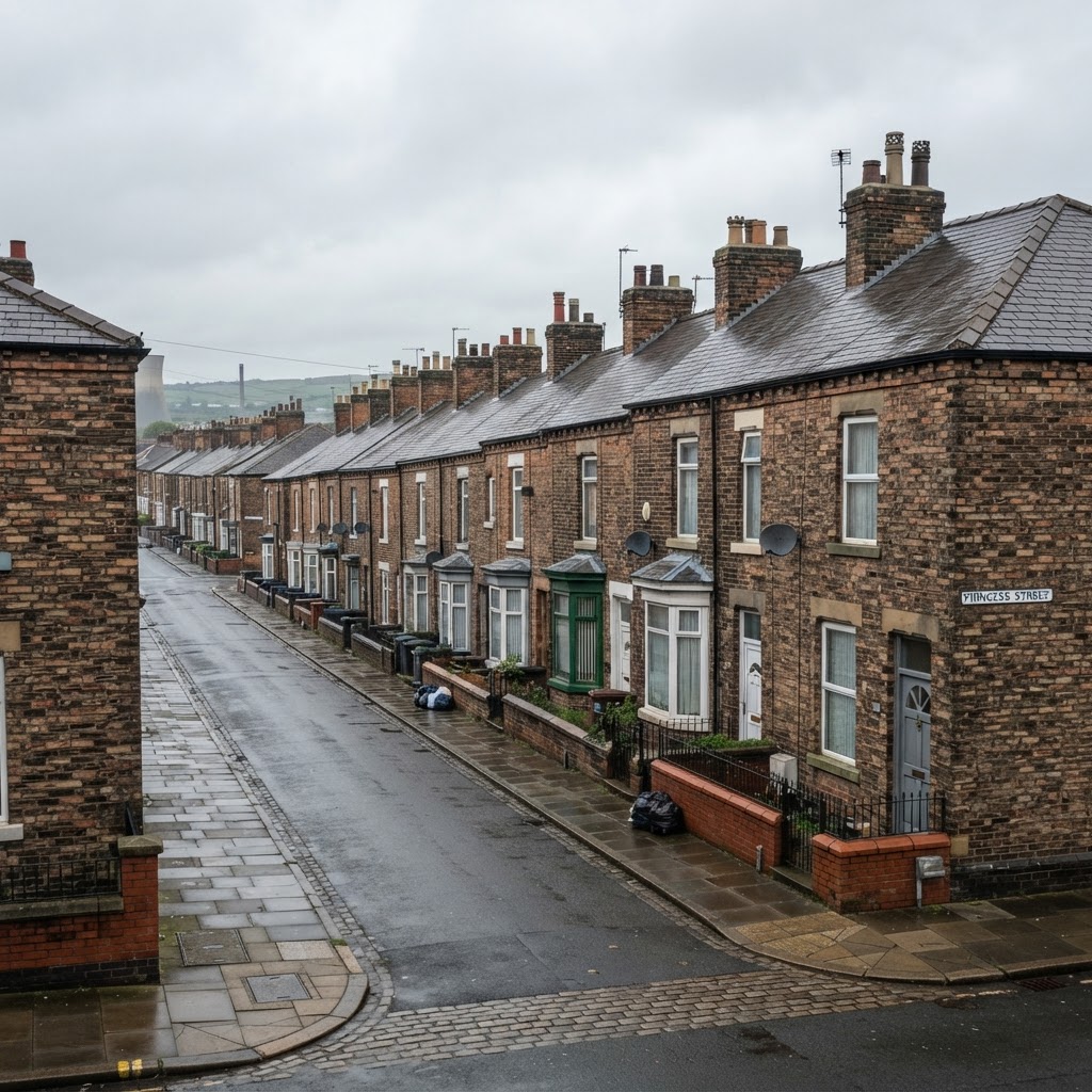 Castleford and Pontefract rows of Victorian and Edwardian brick terraced housing with pitched slate roofs and chimney stacks, former mining town streetscape