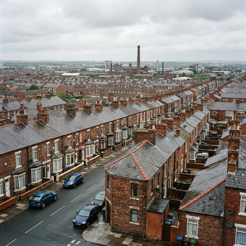 St Helens, Merseyside, a former glass and coal town with rows of red-brick Victorian terraced housing with pitched slate and clay tile roofs and chimney stacks, flat industrial North West landscape