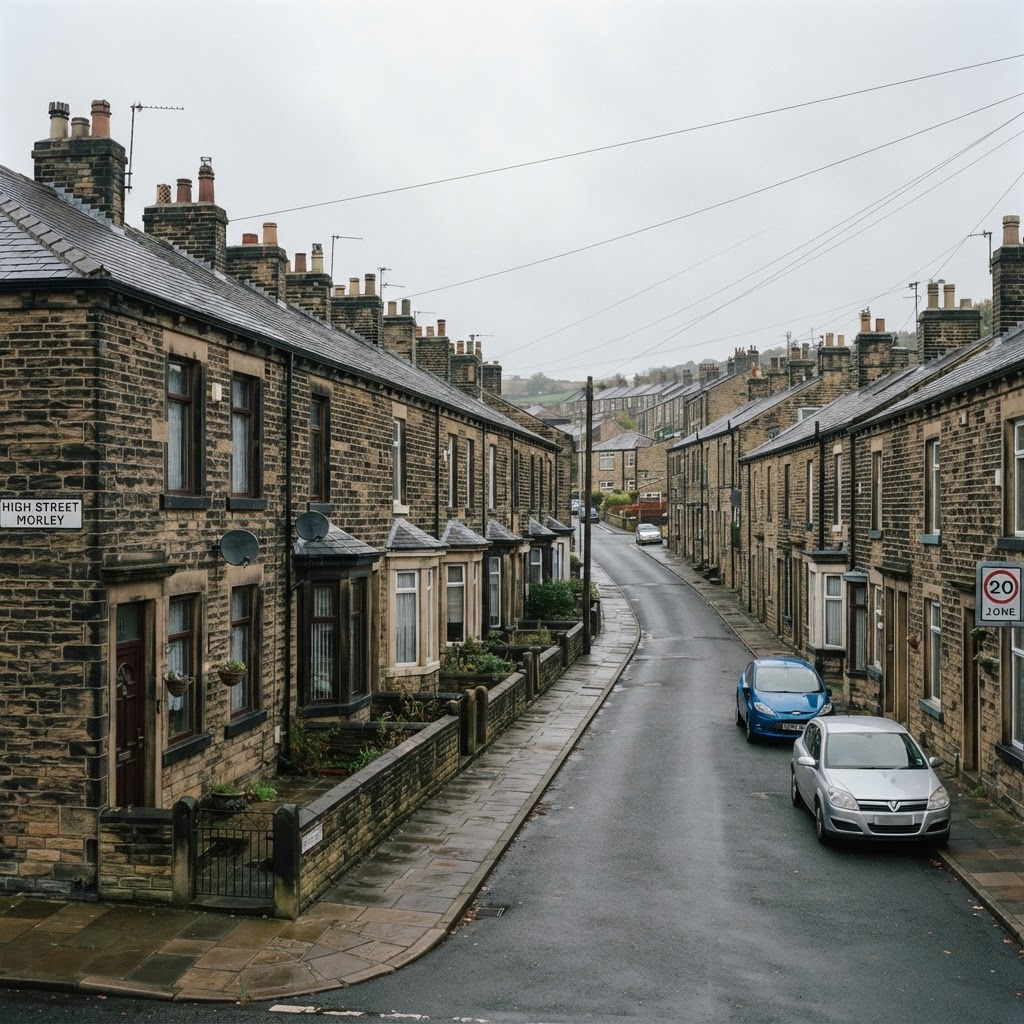 Pudsey and Morley traditional stone-built back-to-back terraced housing with slate roofs and chimney stacks