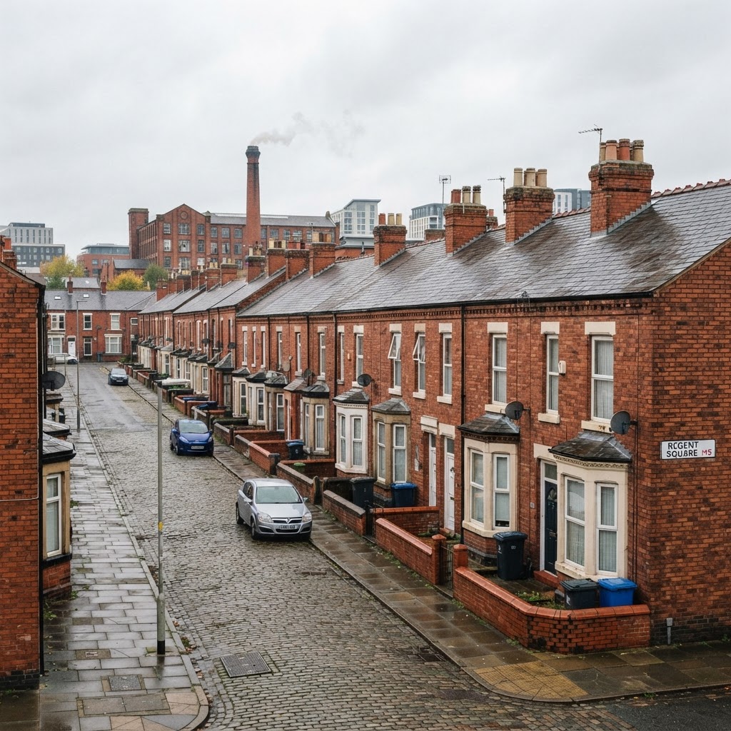 Salford traditional red-brick Victorian terraced housing with pitched slate roofs and chimney stacks, industrial city streetscape