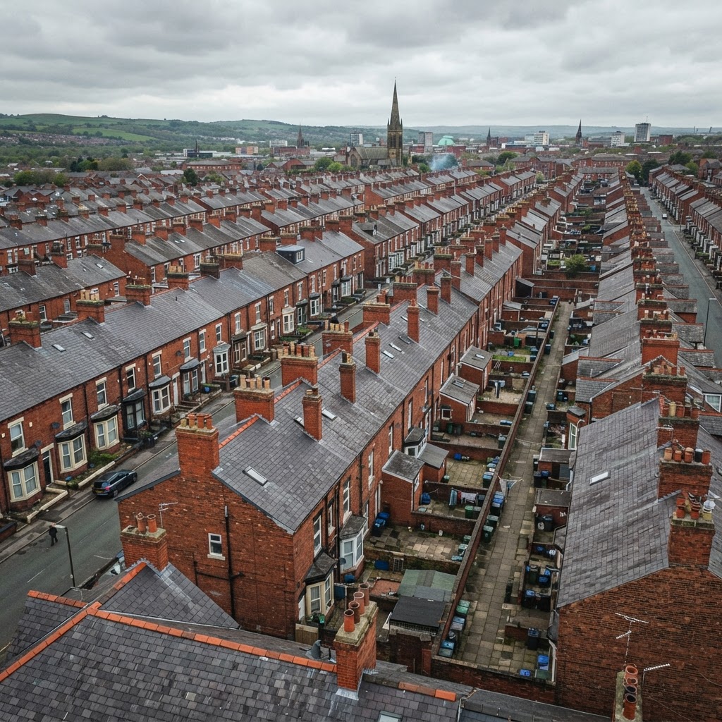 Redbrick Victorian terraced housing rooftops in Preston