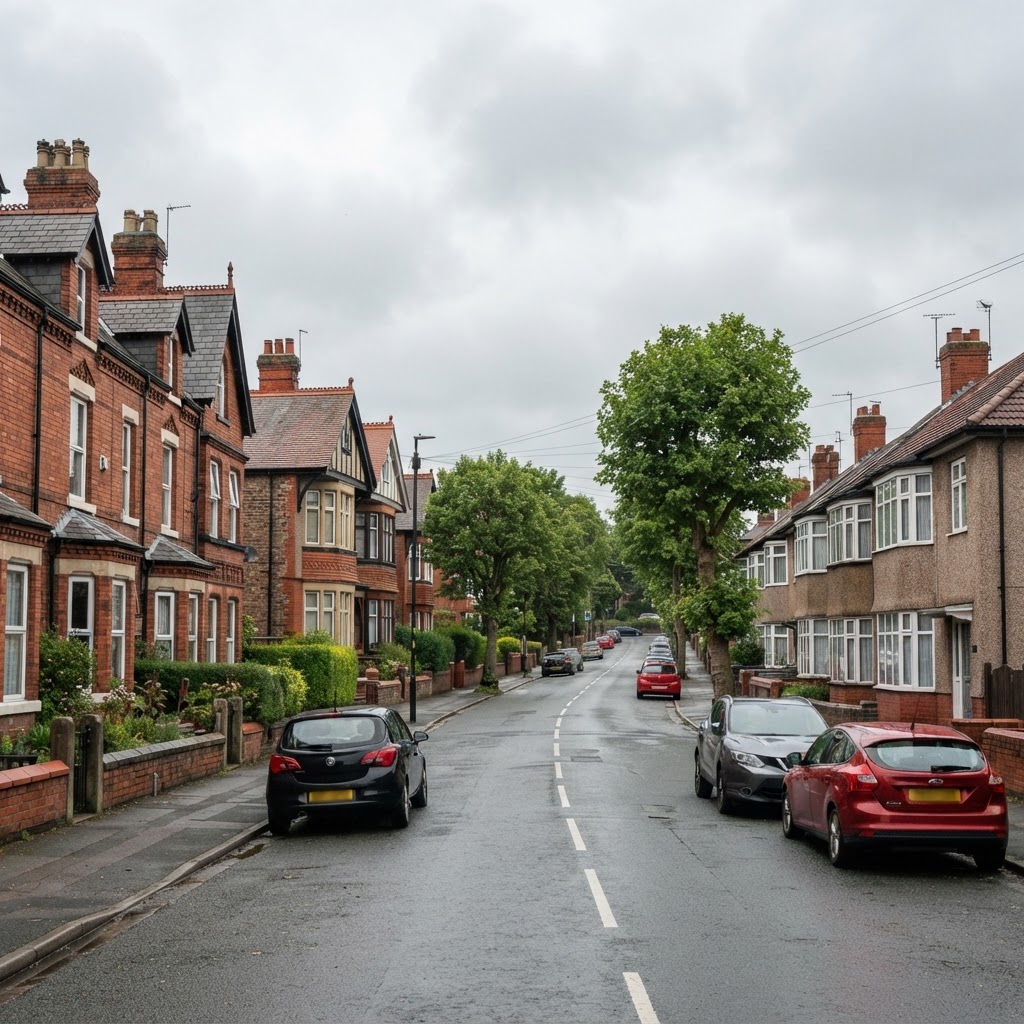 Worsley, Eccles, Swinton and Walkden mix of red-brick Victorian terraces, Edwardian villas and inter-war semis with pitched slate and tiled roofs and chimney stacks, suburban streetscape