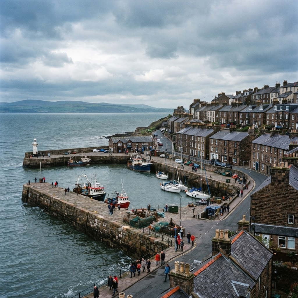 Maryport harbour town with stone-built terraced housing overlooking the Solway Firth