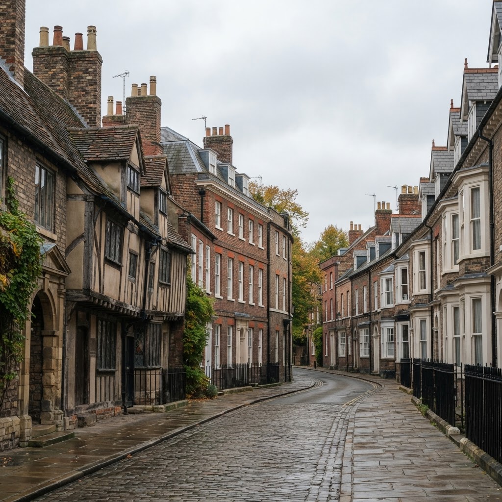 York mix of historic medieval and Georgian townhouses with pitched slate and pantile roofs and chimney stacks alongside Victorian terraces
