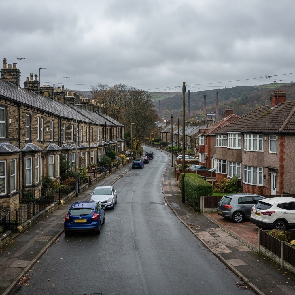Brighouse and Mirfield mix of Victorian stone terraced housing and 1930s semi-detached houses with pitched slate and tiled roofs along the Calder Valley