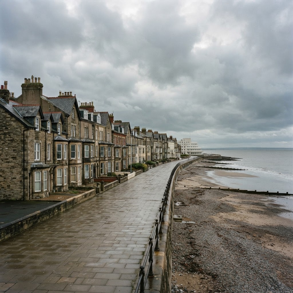 Morecambe, Lancashire, a coastal seaside town with Victorian and Edwardian terraced housing and seafront properties with pitched slate and tiled roofs and chimney stacks, flat Irish Sea horizon