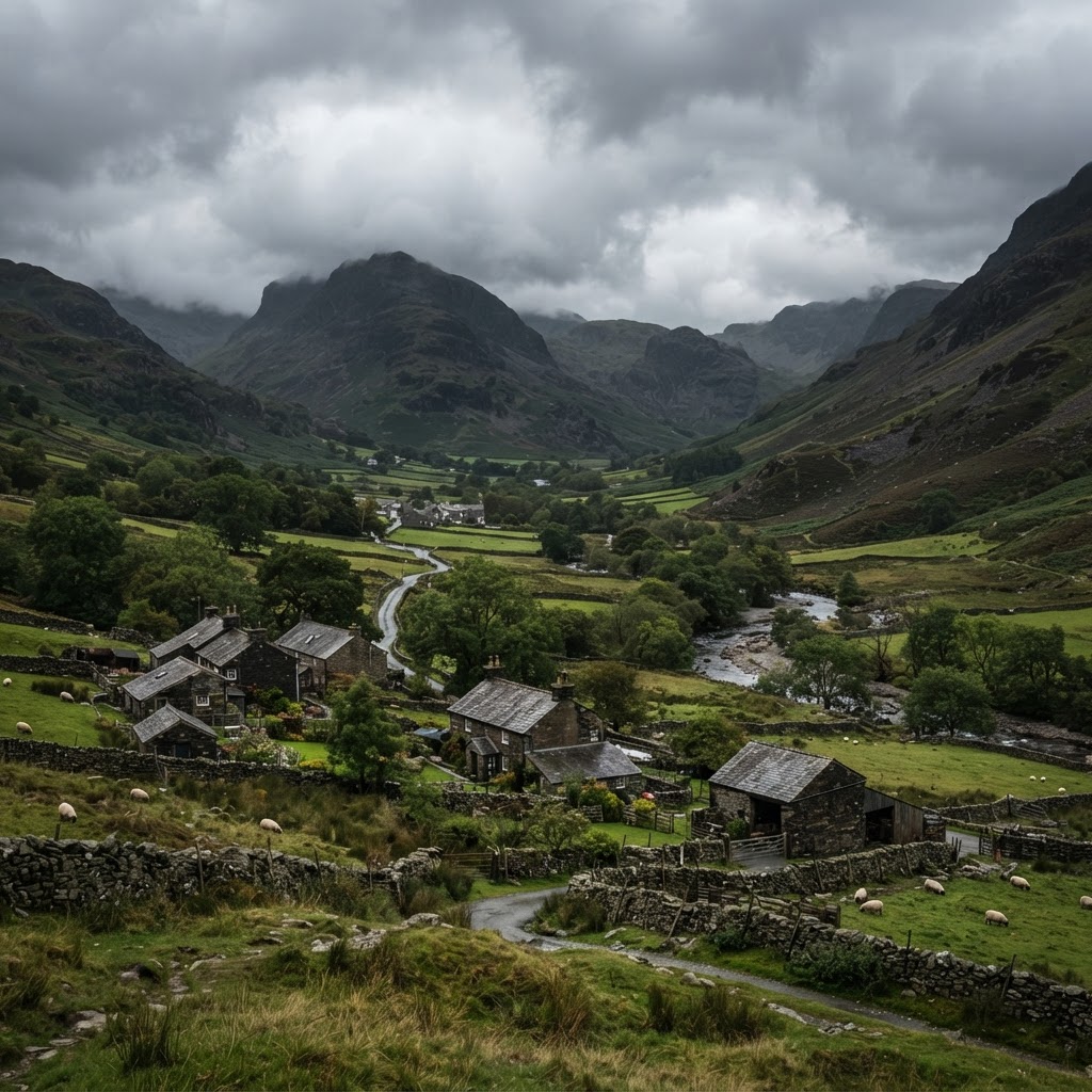 Borrowdale valley with stone slate-roofed farmhouses and barns nestled in the valley