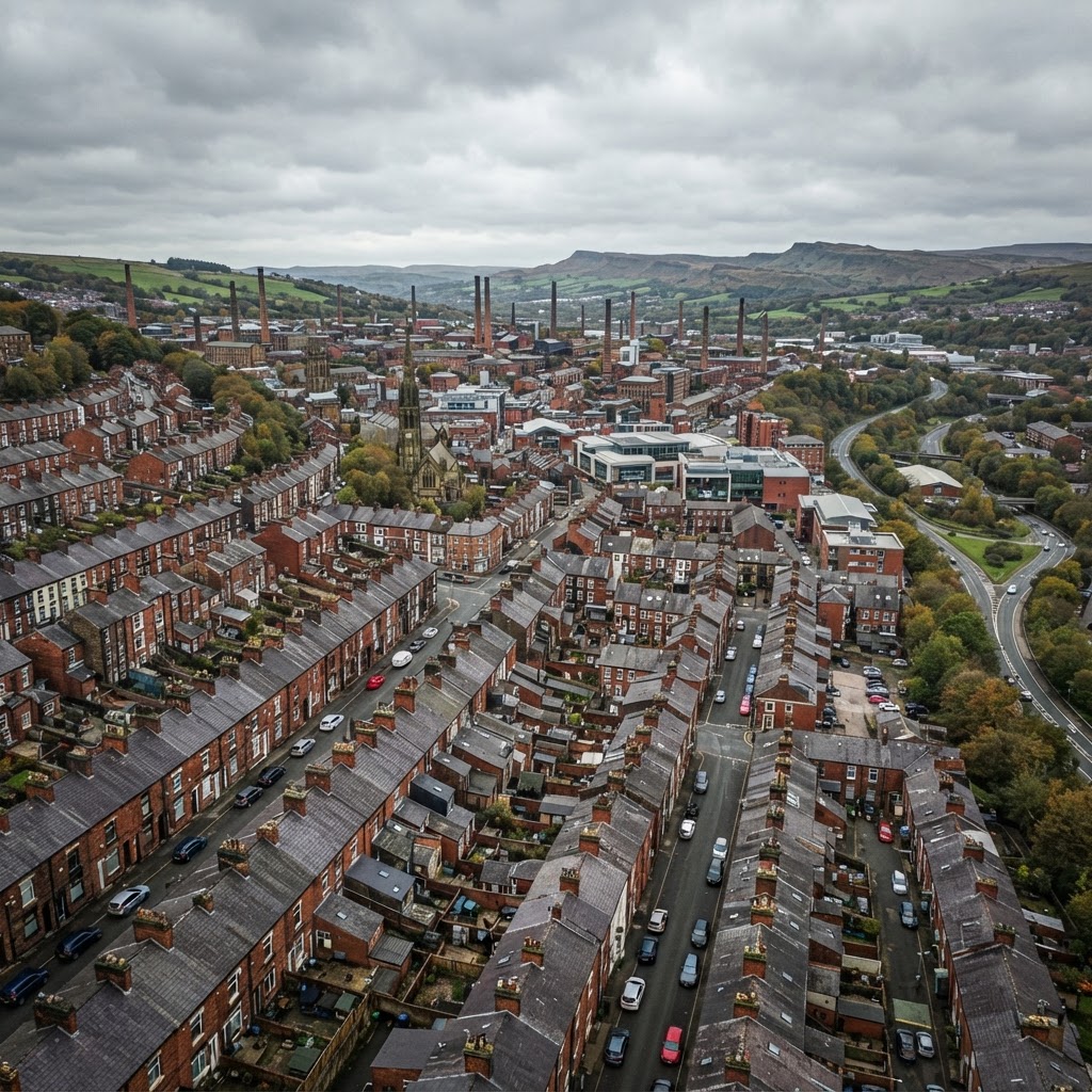 Oldham, a former Pennine mill town with rows of red-brick Victorian terraced housing built into steep hillsides, pitched slate roofs and chimney stacks, mill chimneys in the distance