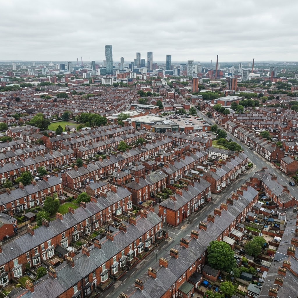 Stretford, Greater Manchester, showing dense Victorian and Edwardian red-brick terraced housing with slate roofs and chimney stacks close to central Manchester, with some post-war housing and commercial rooftops interspersed