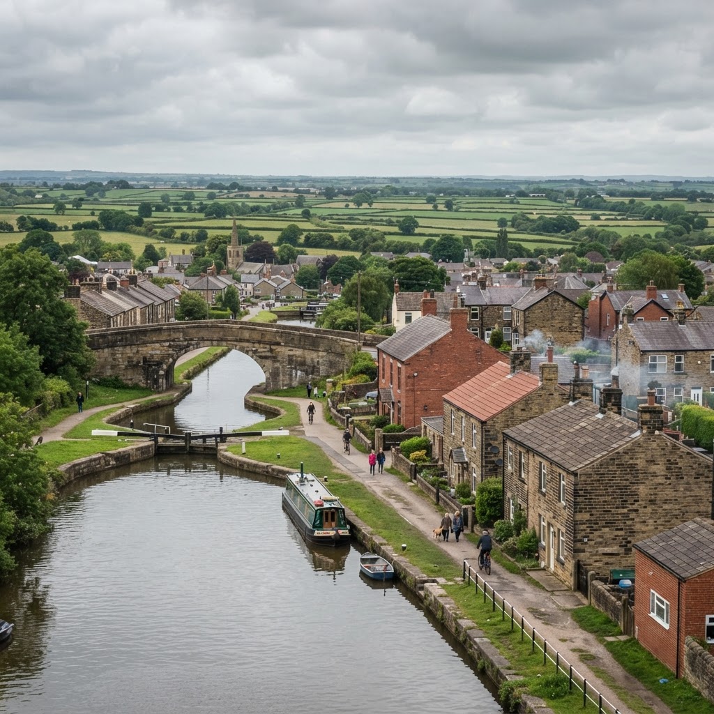 Rural residential rooftops beside the canal at Burscough near Ormskirk