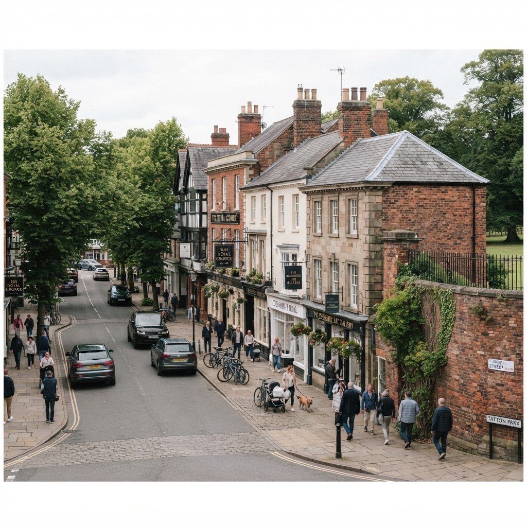 Knutsford, Cheshire, an affluent historic market town showing Georgian and Victorian period properties with slate and tiled roofs and elegant facades, tree-lined streets, Tatton Park estate wall visible nearby, wealthy Cheshire commuter setting