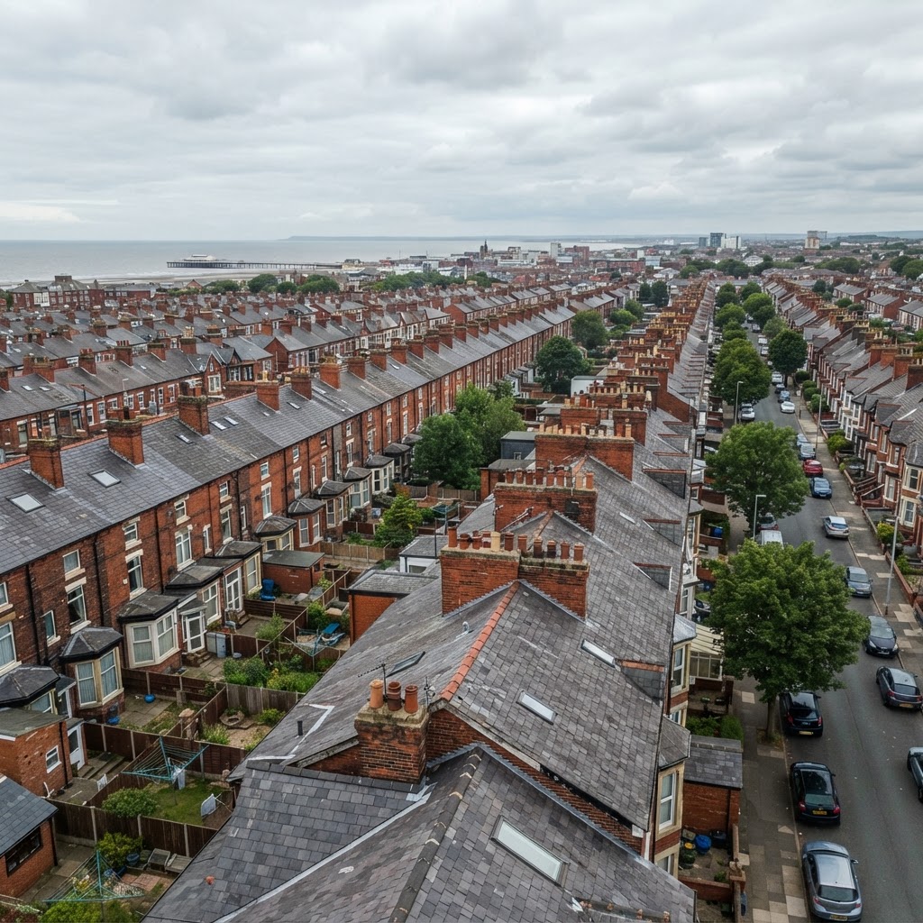 Redbrick Victorian terraced housing rooftops in Southport